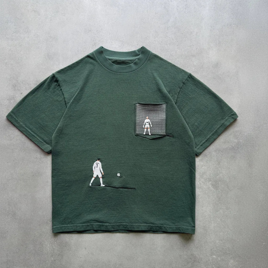 Green t-shirt with white graphics on a grey surface