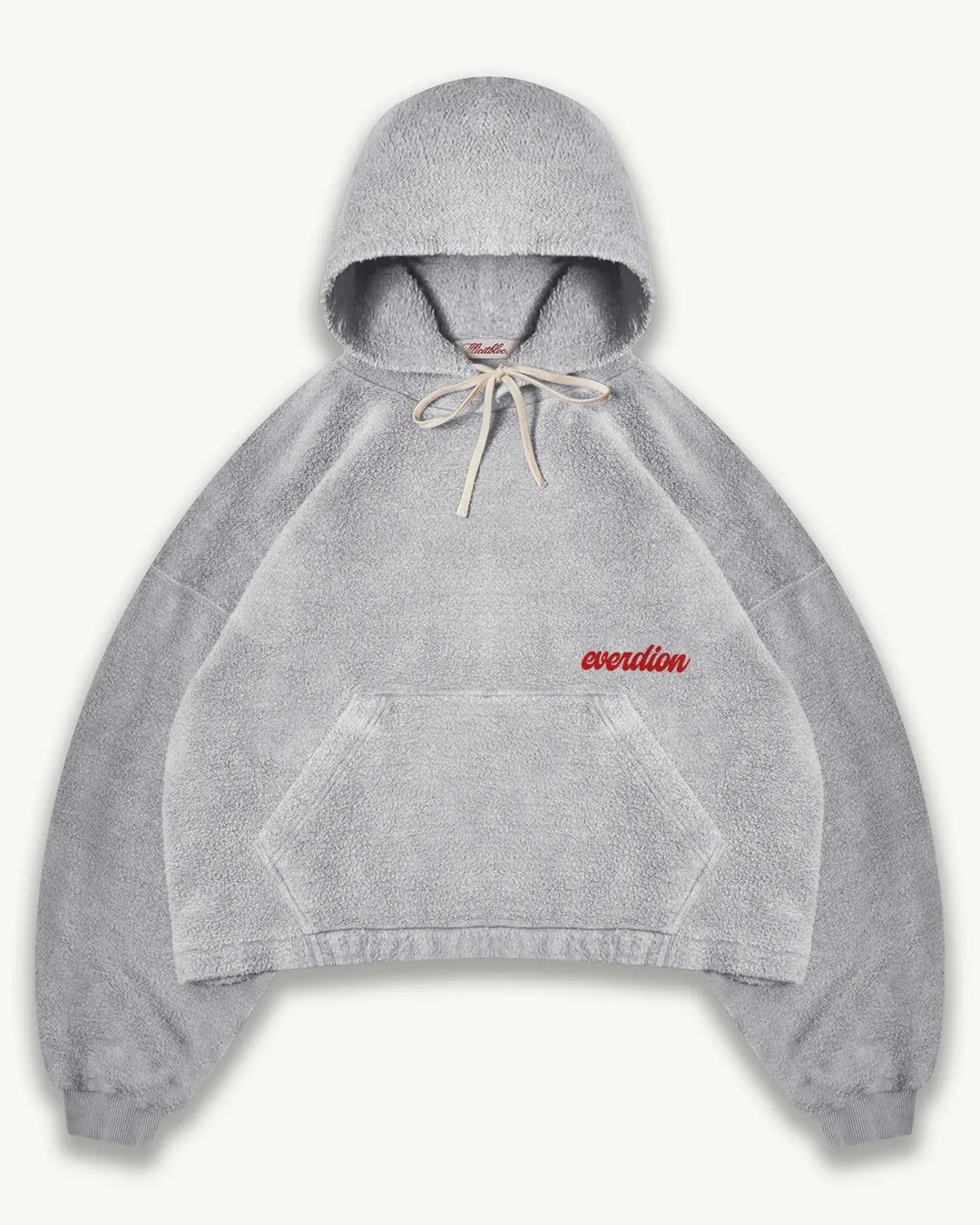 Gray hoodie with a red logo on a white background