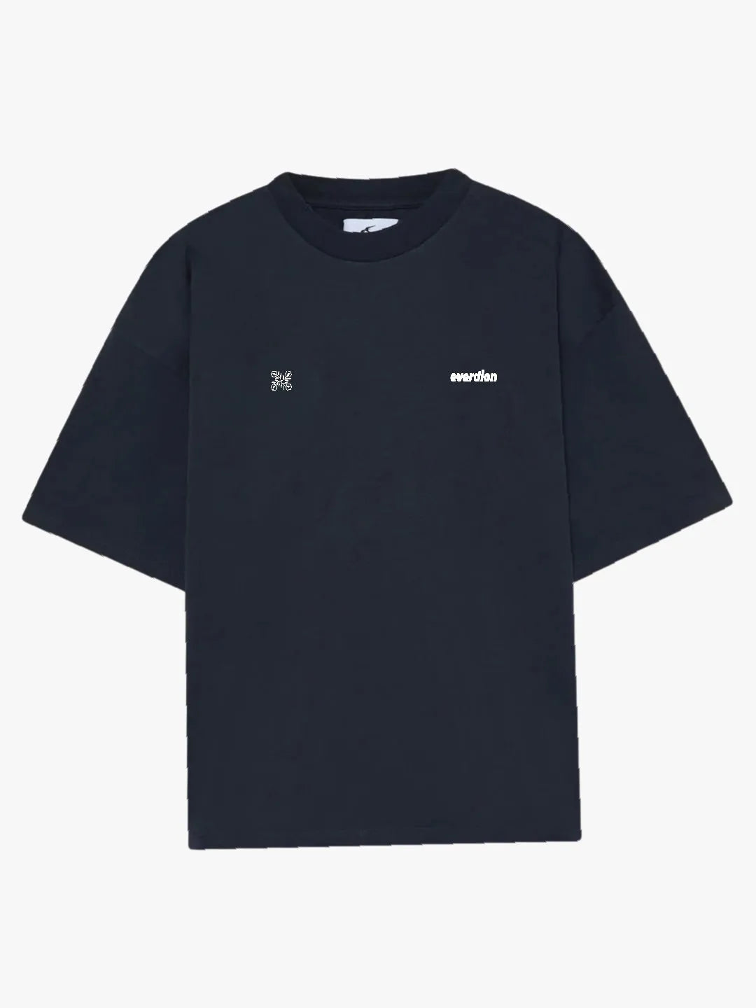 Black t-shirt with white branding on a light grey background
