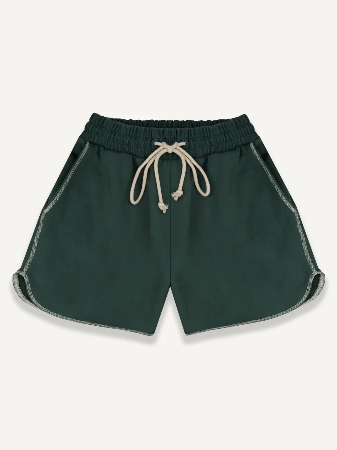 Green running shorts with a drawstring on a white background