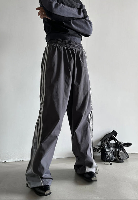 Dark Grey Striped Parachute Pants