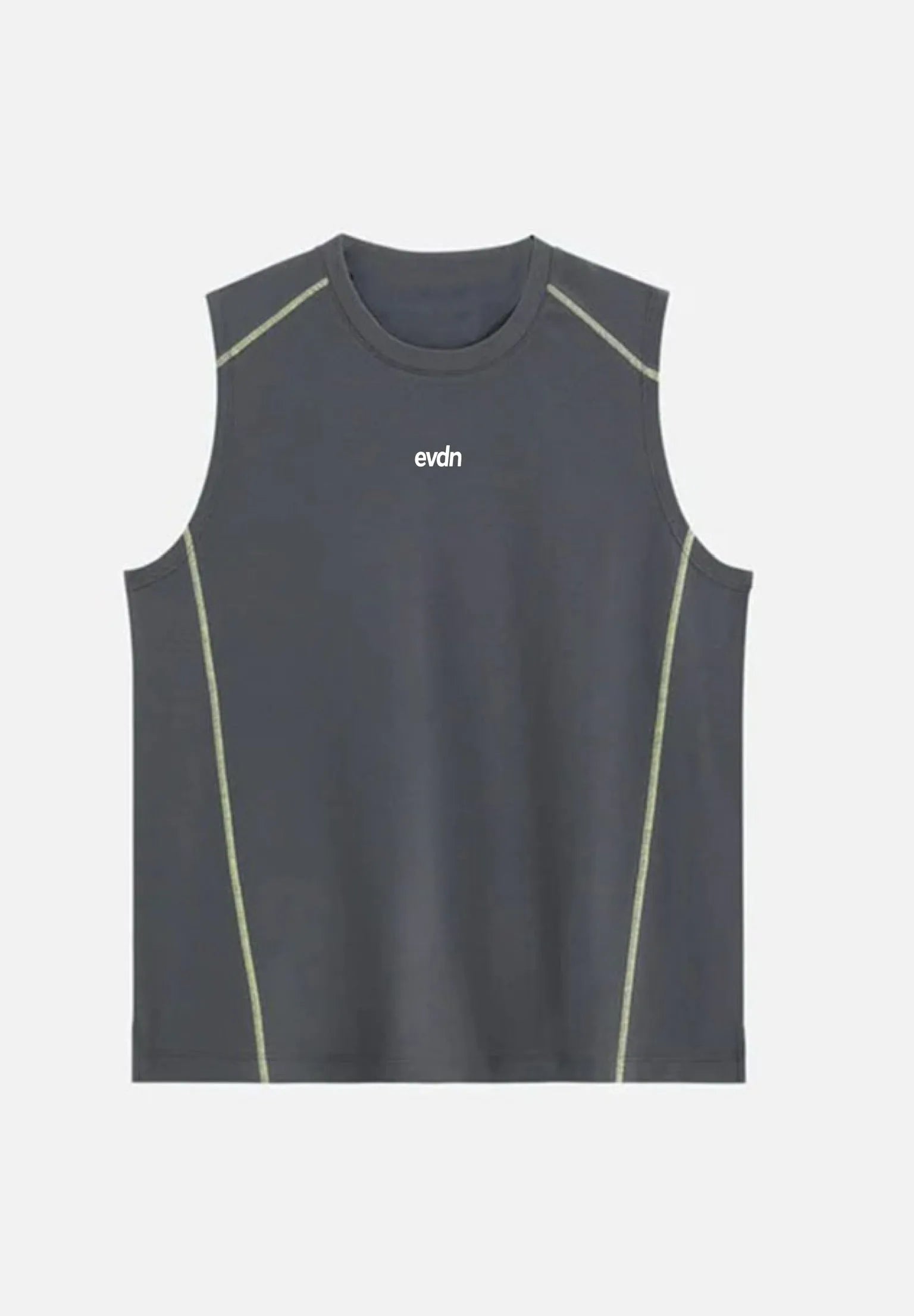 Dark grey sleeveless athletic top with 'evdn' logo on a light grey background