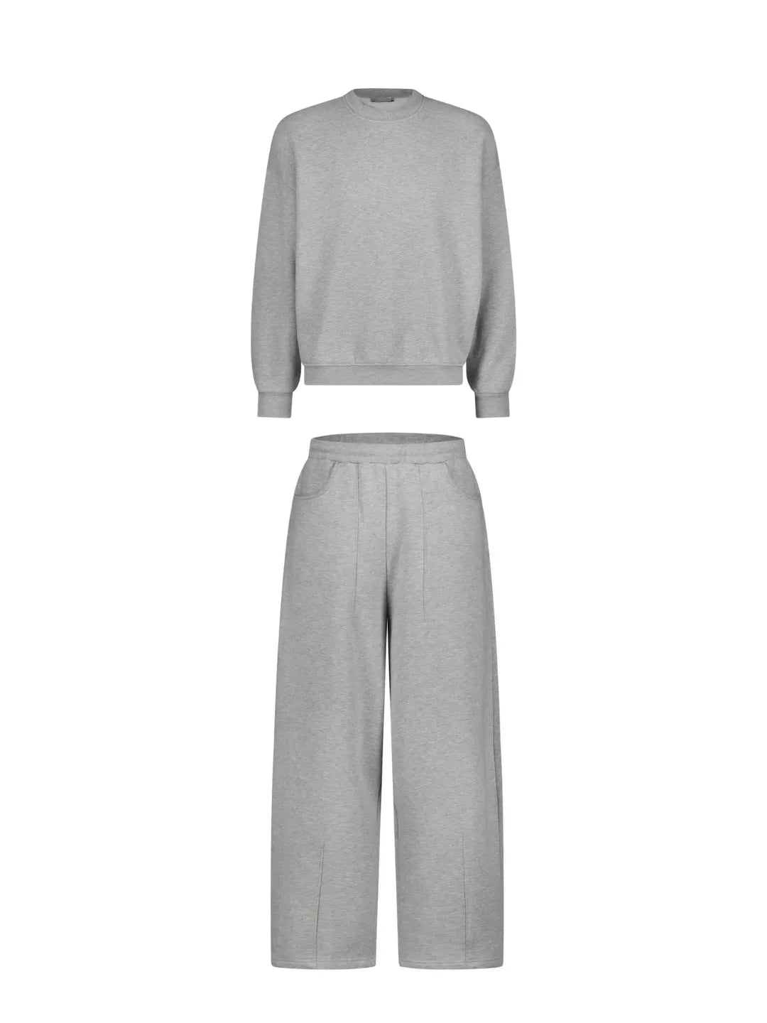Grey sweatshirt and wide-leg sweatpants set on a white background