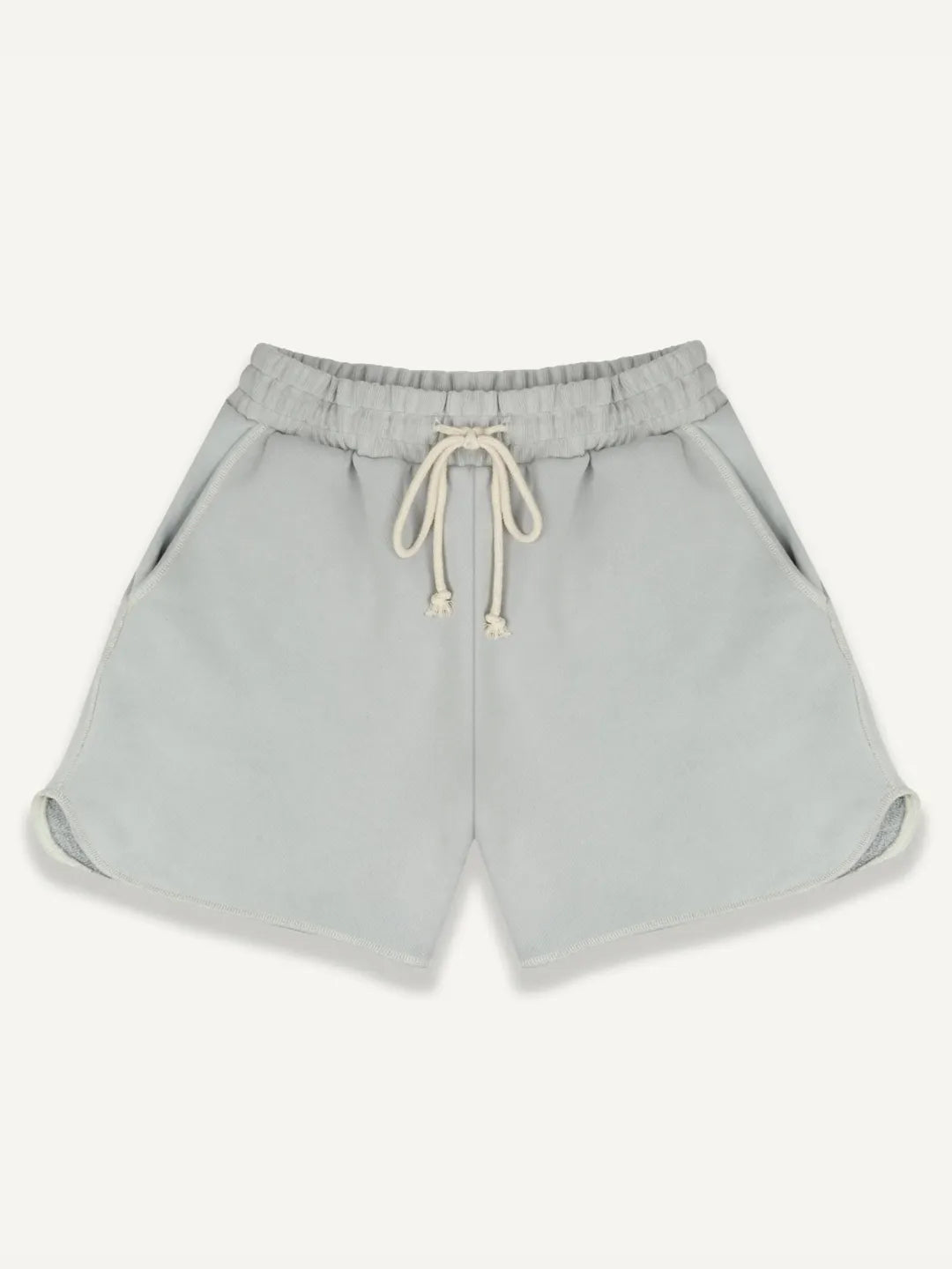 Light grey running shorts with a drawstring on a white background