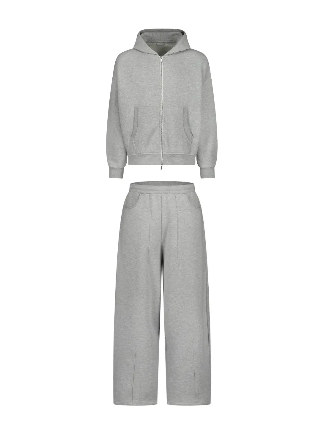 Grey jacket and wide-leg pants set on a white background