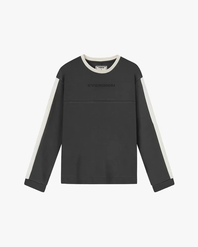 Black long-sleeve t-shirt with white sleeves on a white background