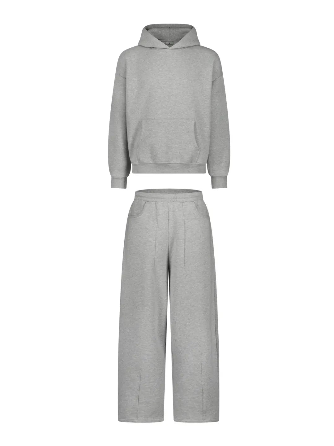 Grey hoodie and sweatpants set on a white background