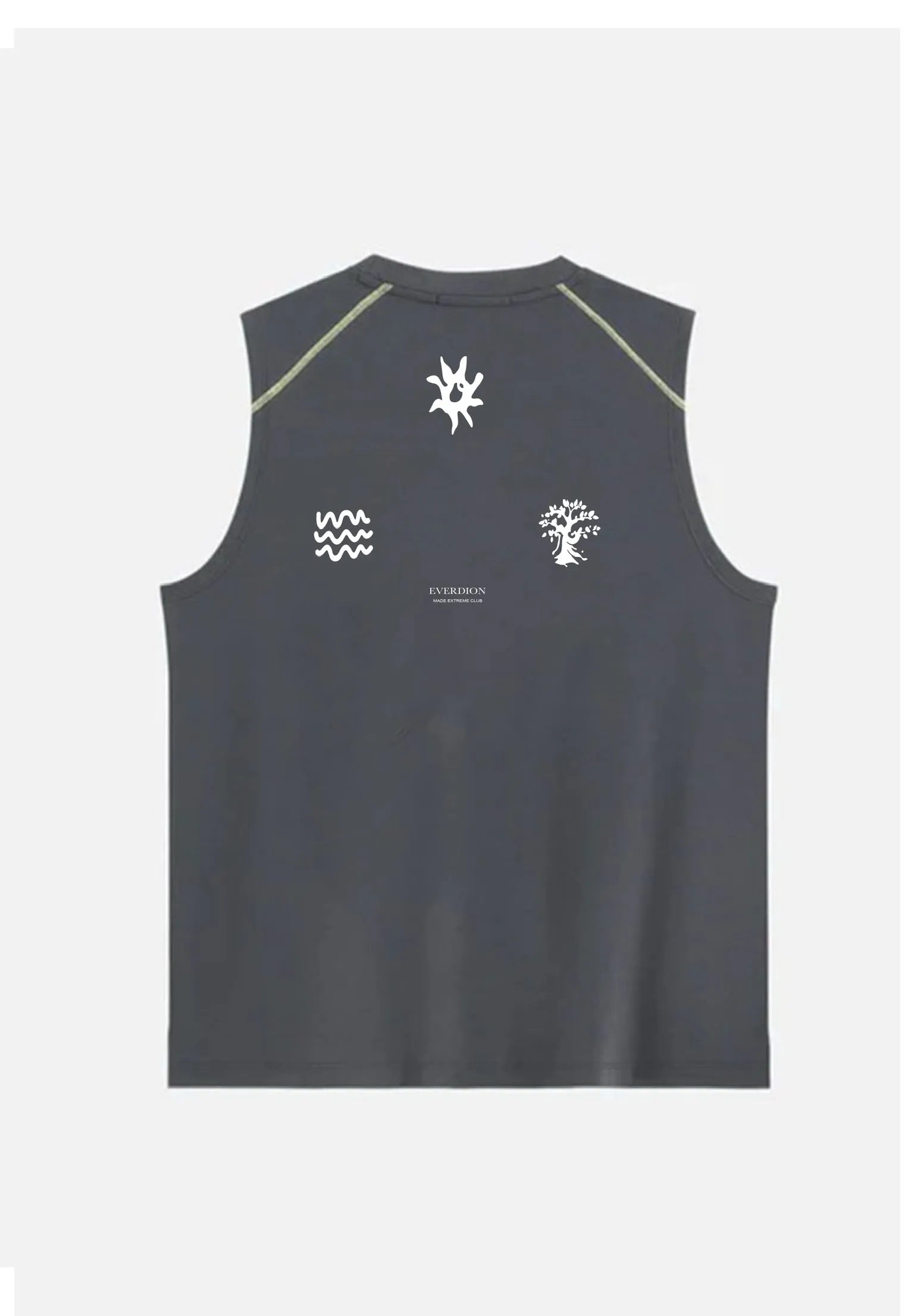 Dark grey sleeveless shirt with logos on a white background