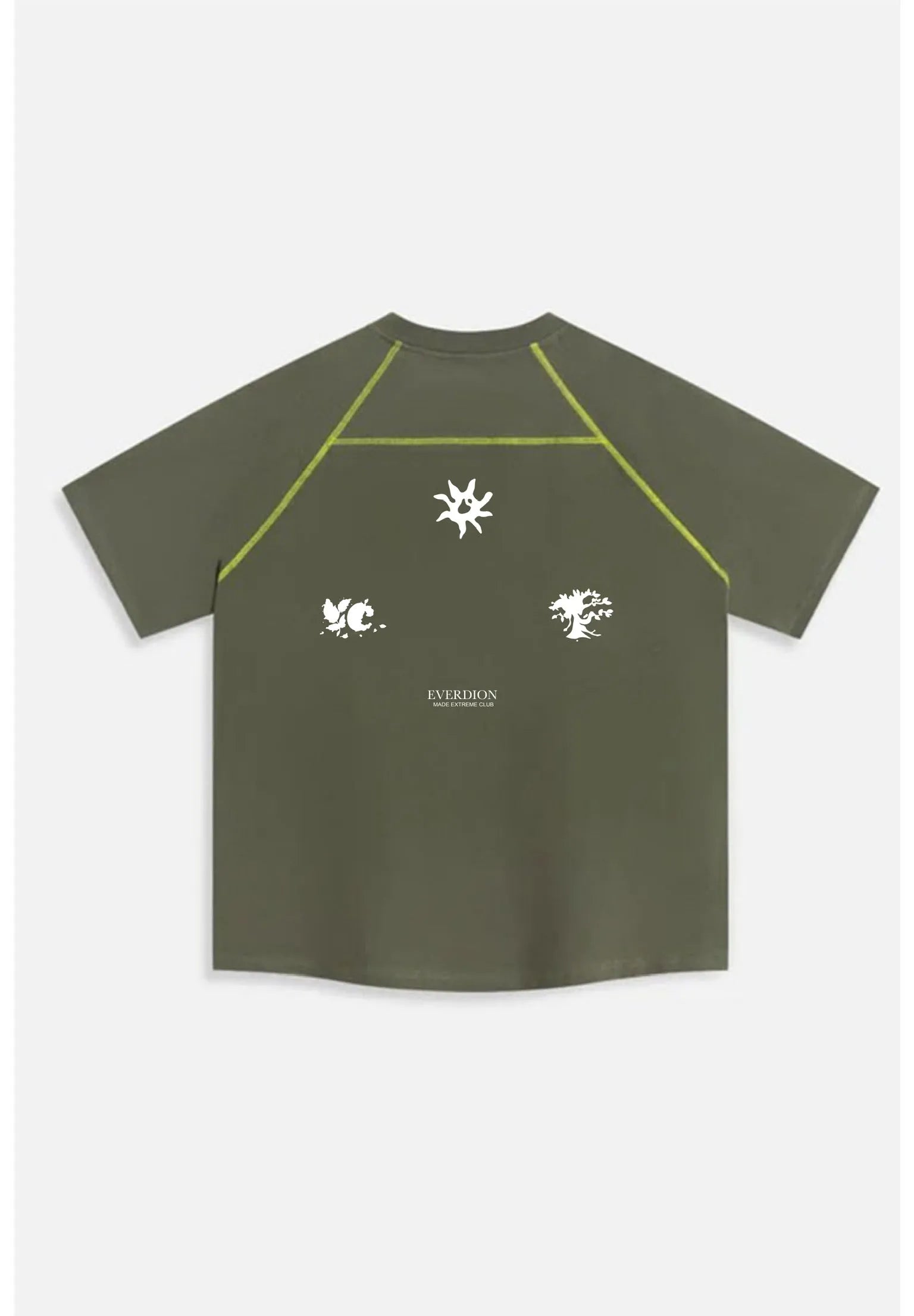 Green t-shirt with white graphics on a light grey background
