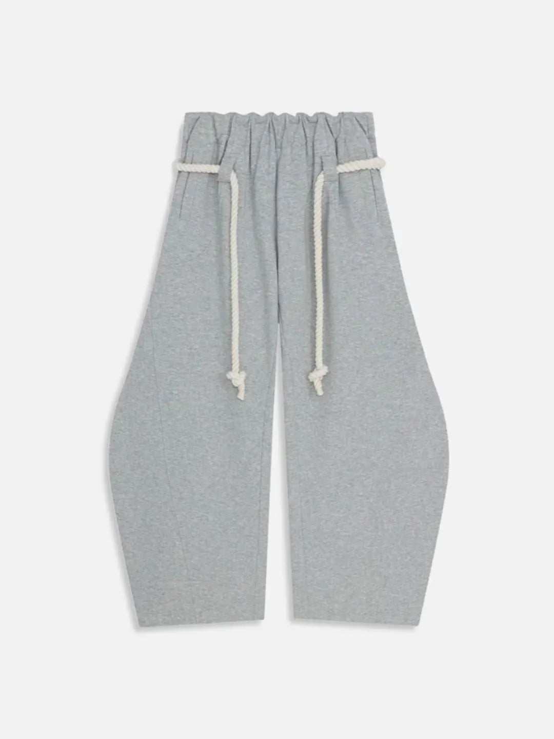 Grey sweatpants with drawstring on a white background