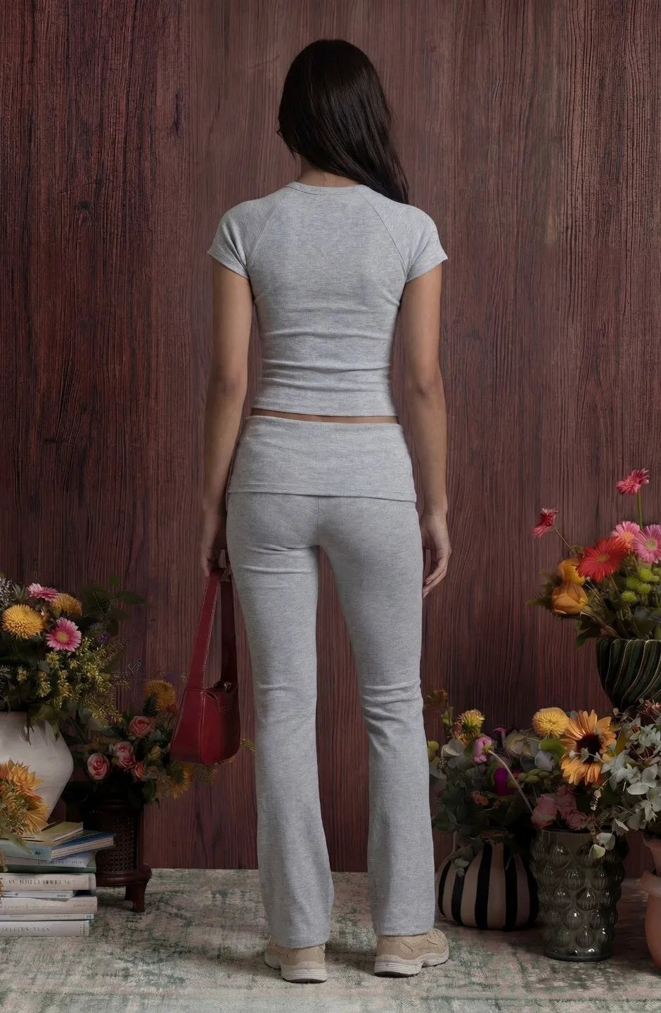 Woman wearing grey outfit set