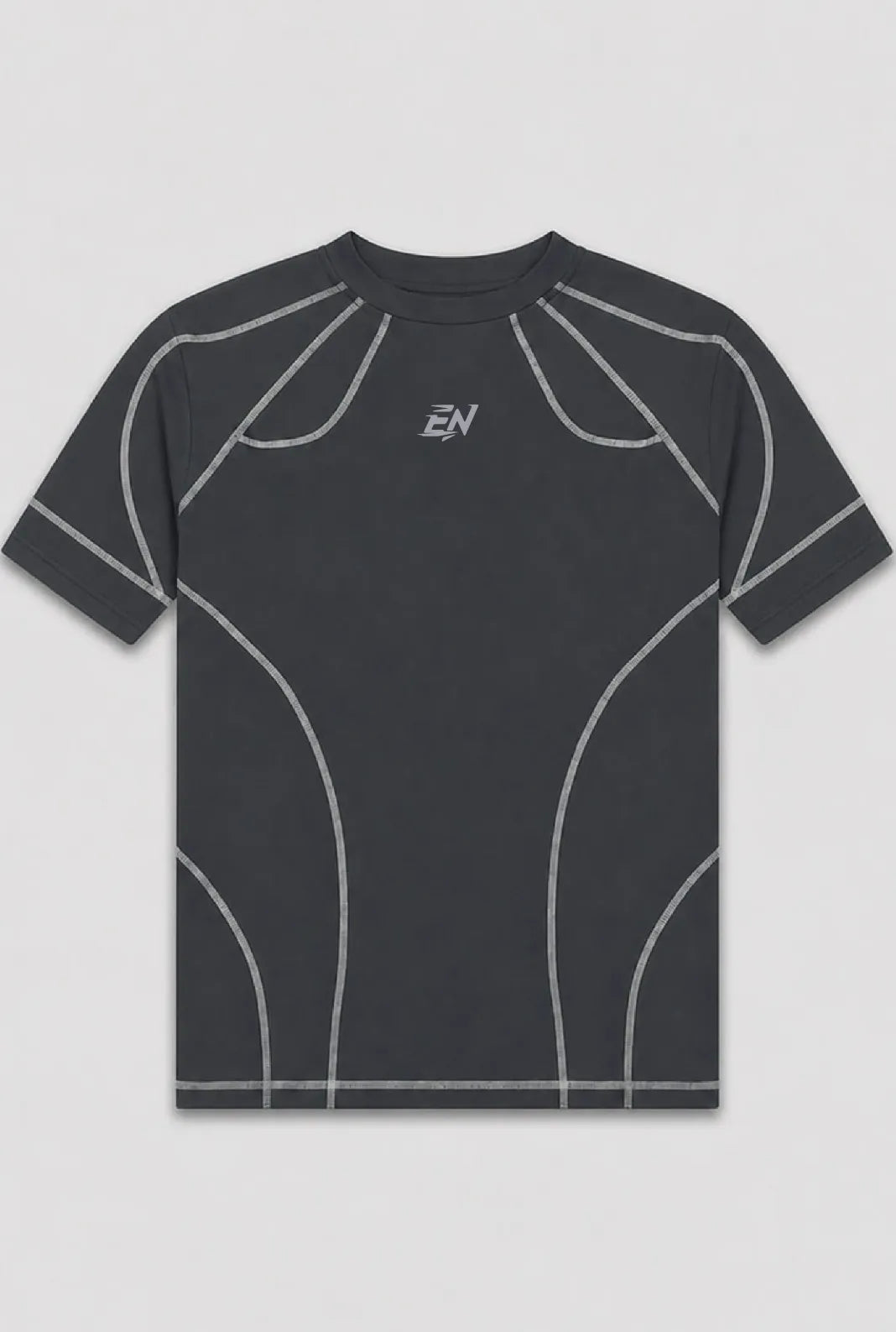 Black compression t-shirt with white accents on a light grey background