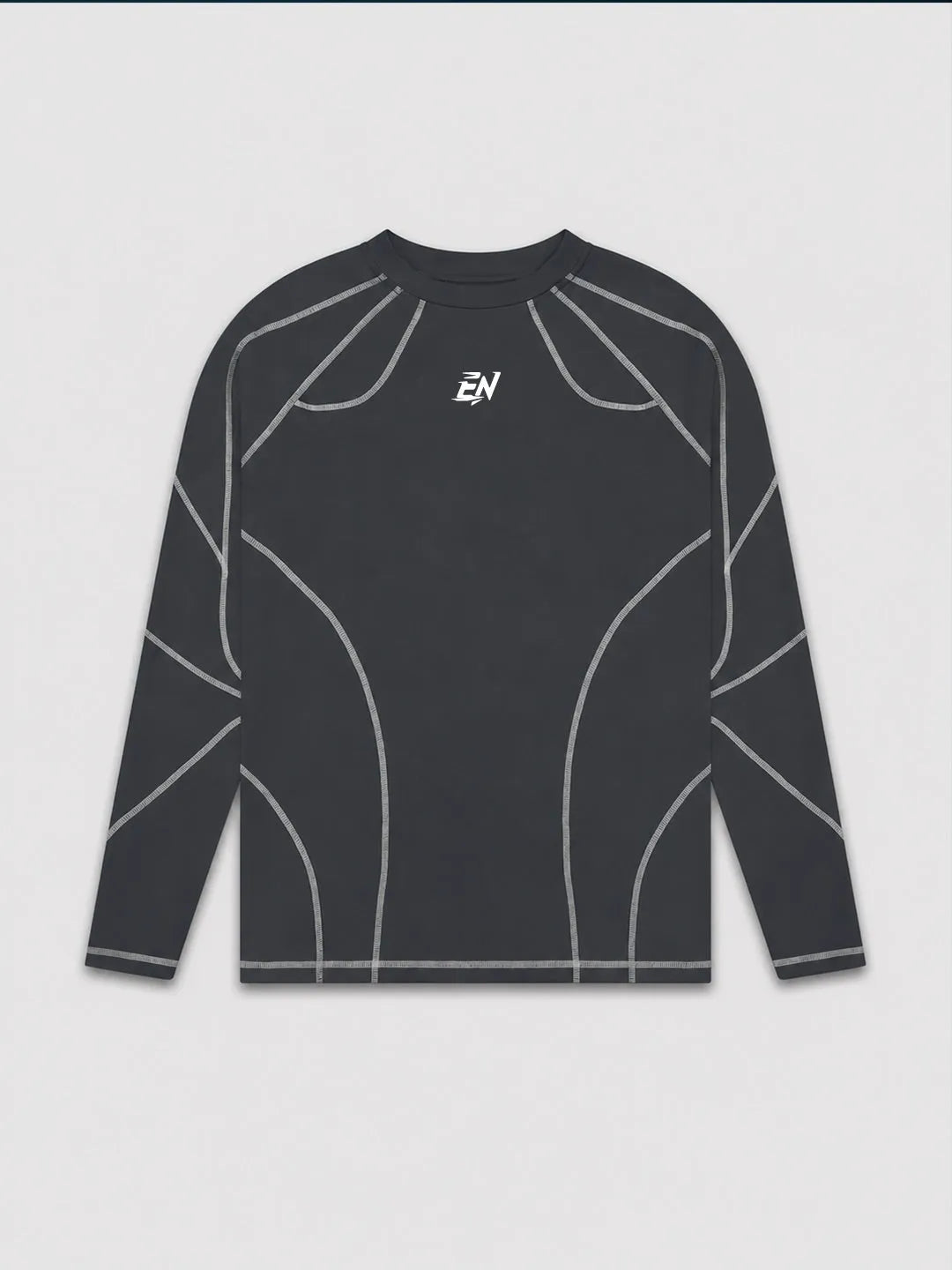 Person wearing a grey Compression Full Sleeve T-shirt with a brand logo 