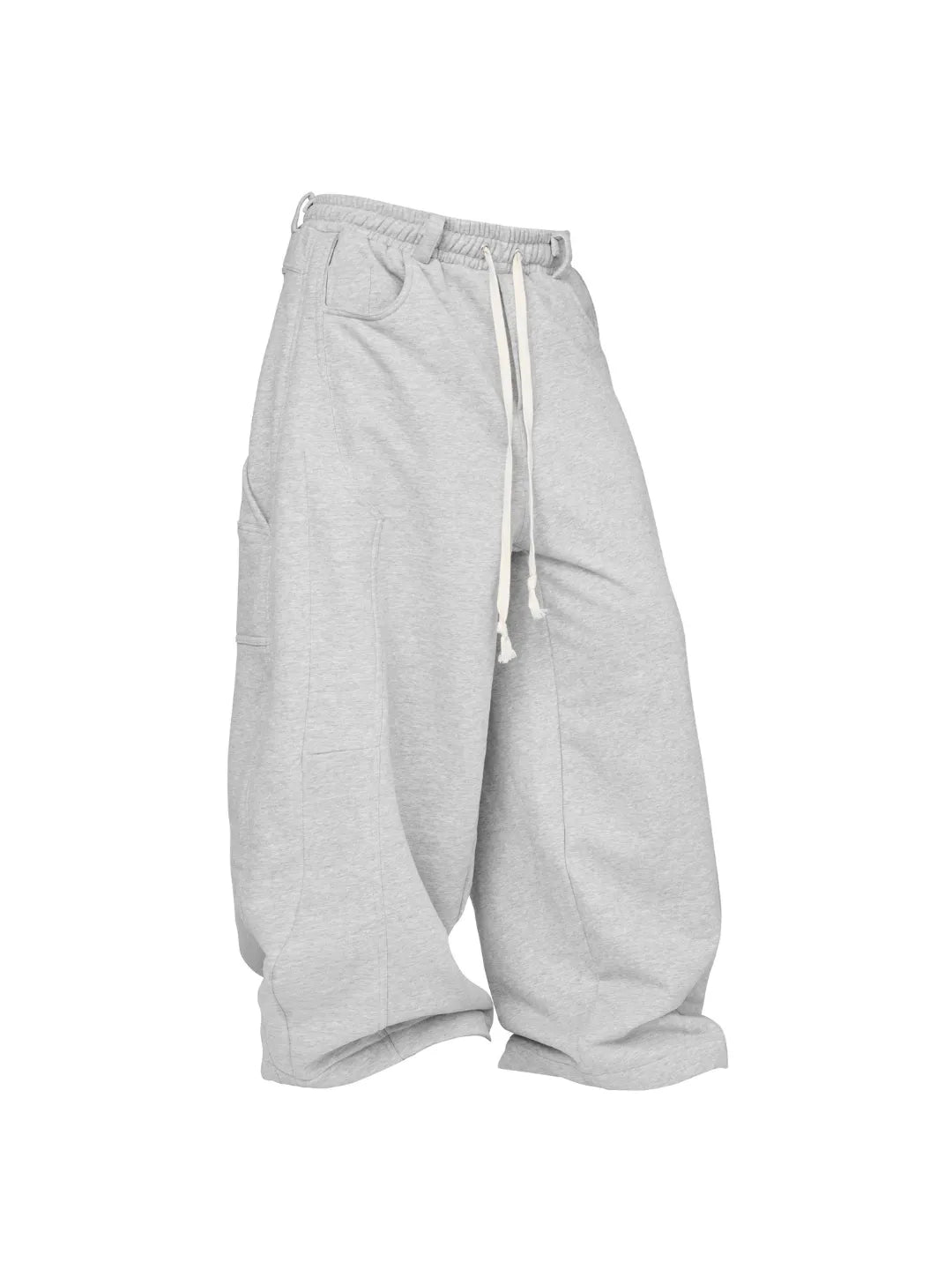 Grey sweatpants with a drawstring on a white background