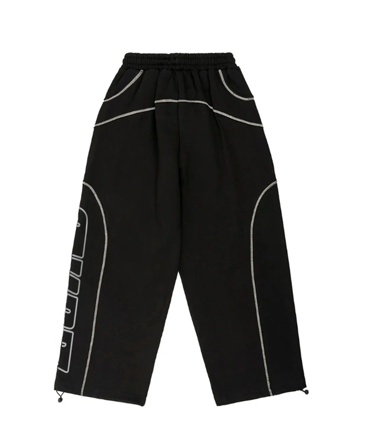 Black wide-leg sweatpants with white contrast stitching details, an elastic waistband, and drawstring ankle cuffs, shown flat on a white background.