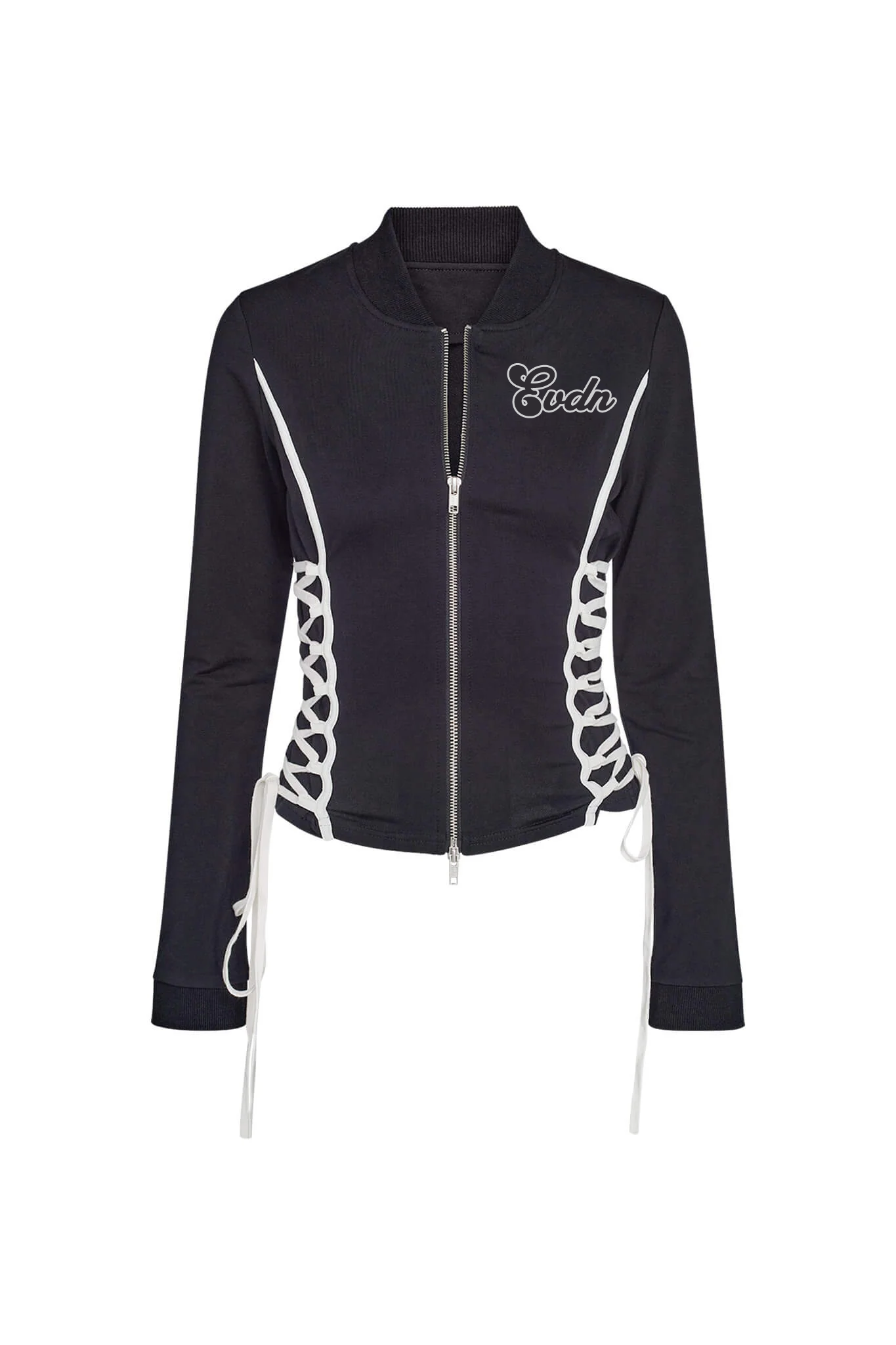 Black jacket with white lace-up details on a white background