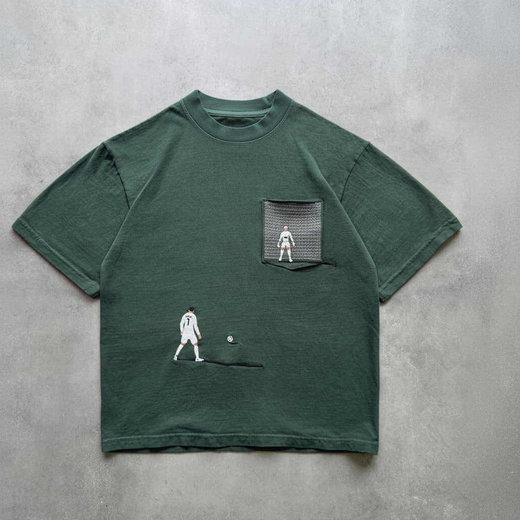 Green t-shirt with pocket and graphic design on a grey surface