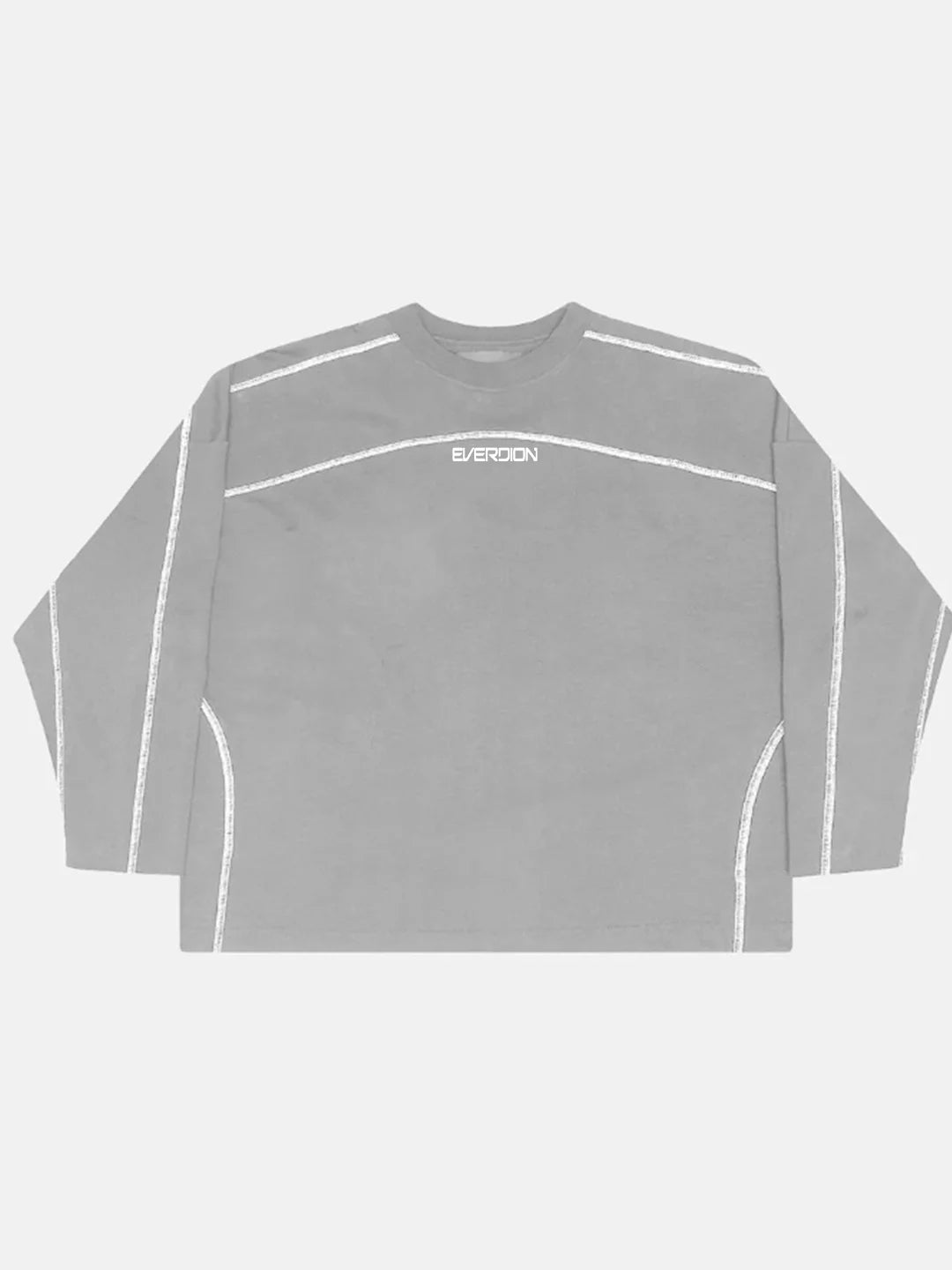 Person wearing a grey long-sleeve t-shirt with white accents 