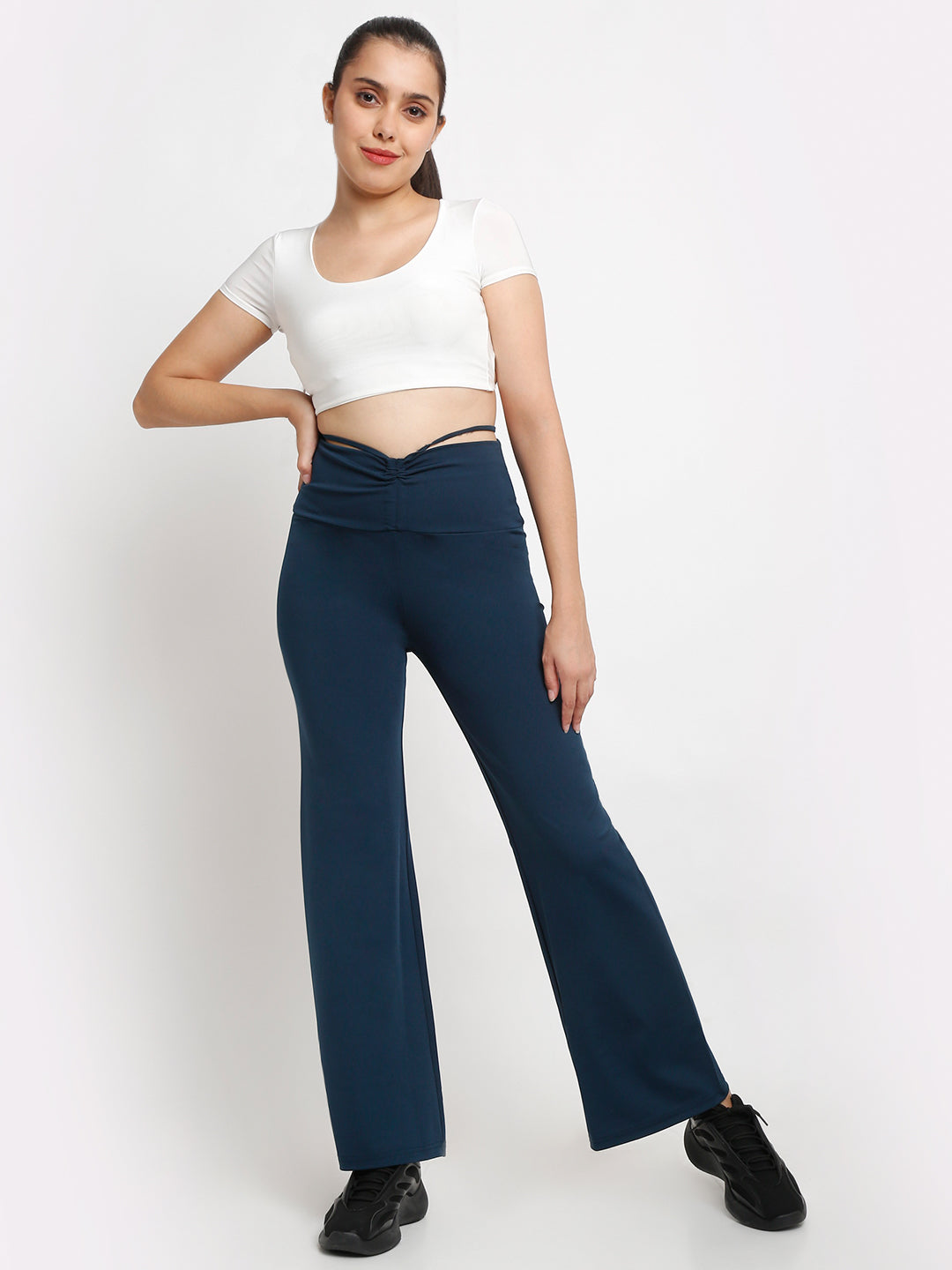 blue high waist tie up flared trousers