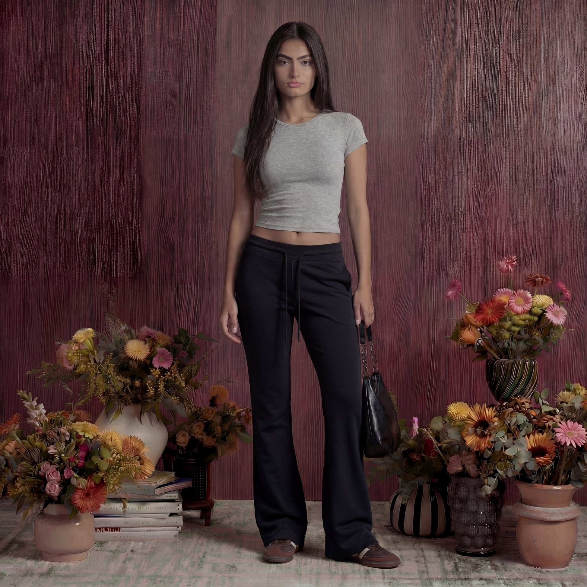 Woman wearing black flared sweatpants