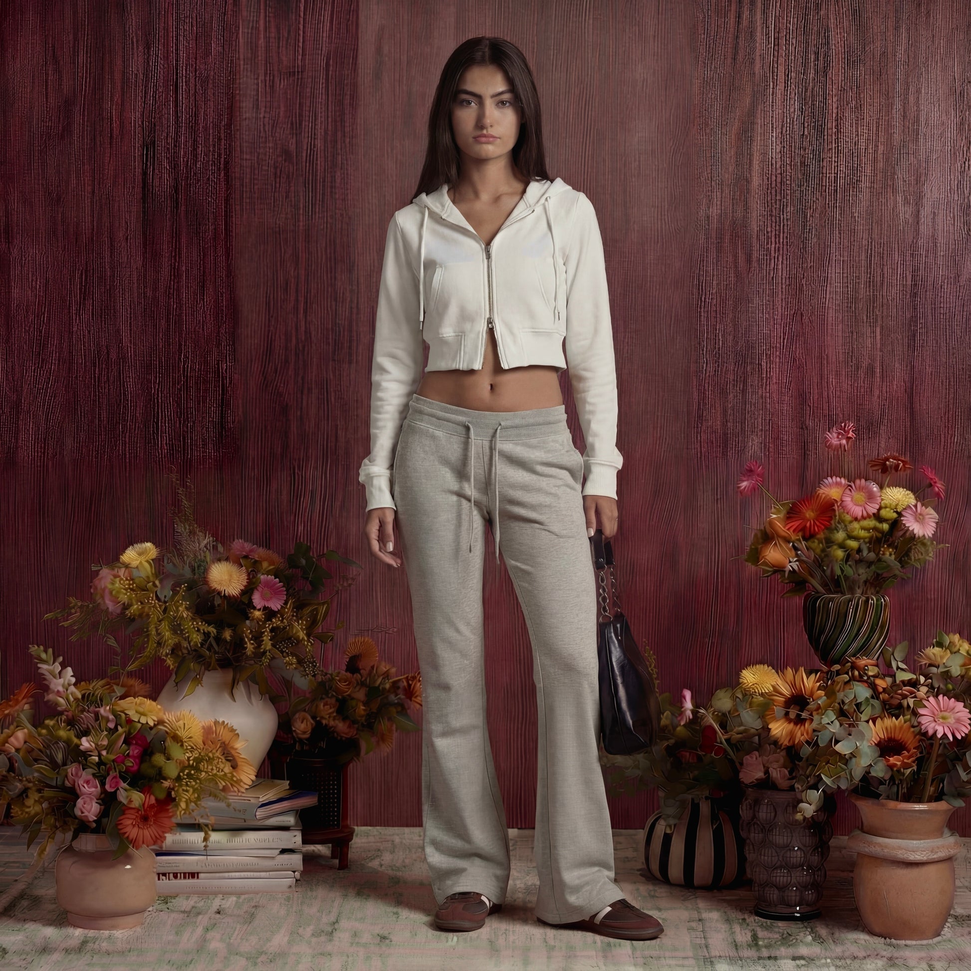 Woman in a white cropped hoodie and beige sweatpants standing among potted flowers against a wooden wall.