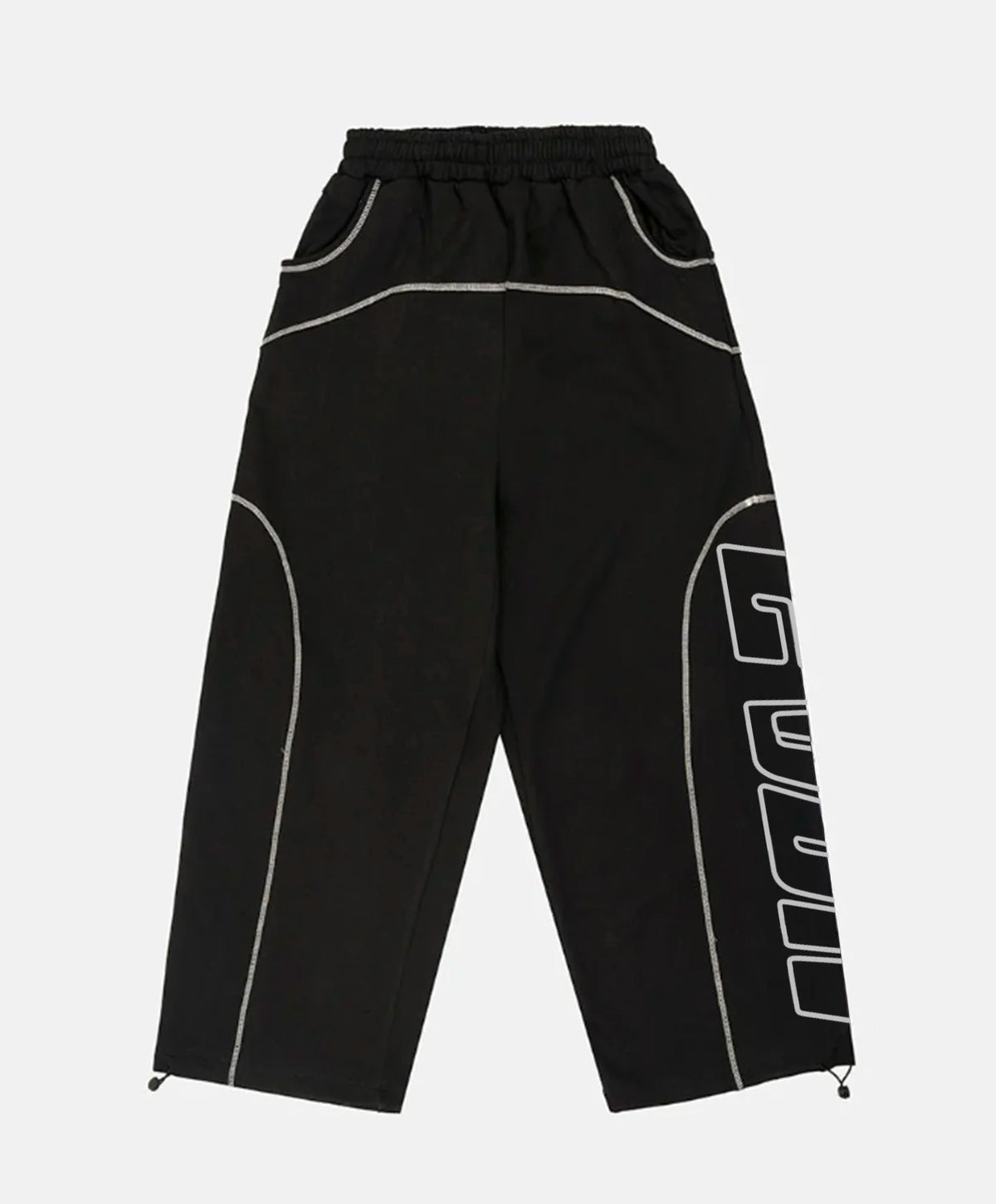 Black sweatpants with white contrast stitching, curved panel lines, and a large white graphic print on the lower leg