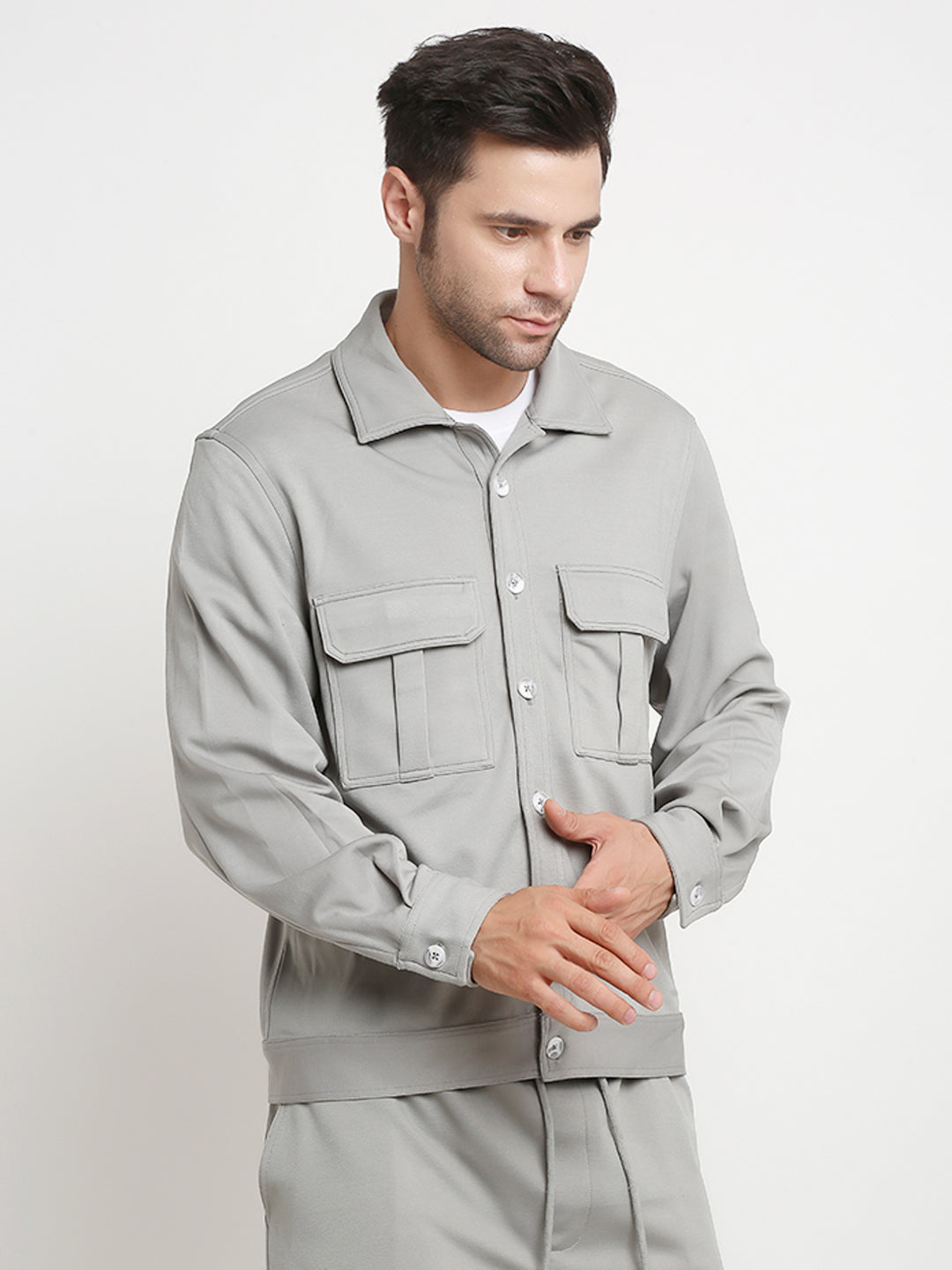 grey cargo utility shacket with a collar, buttons down the front