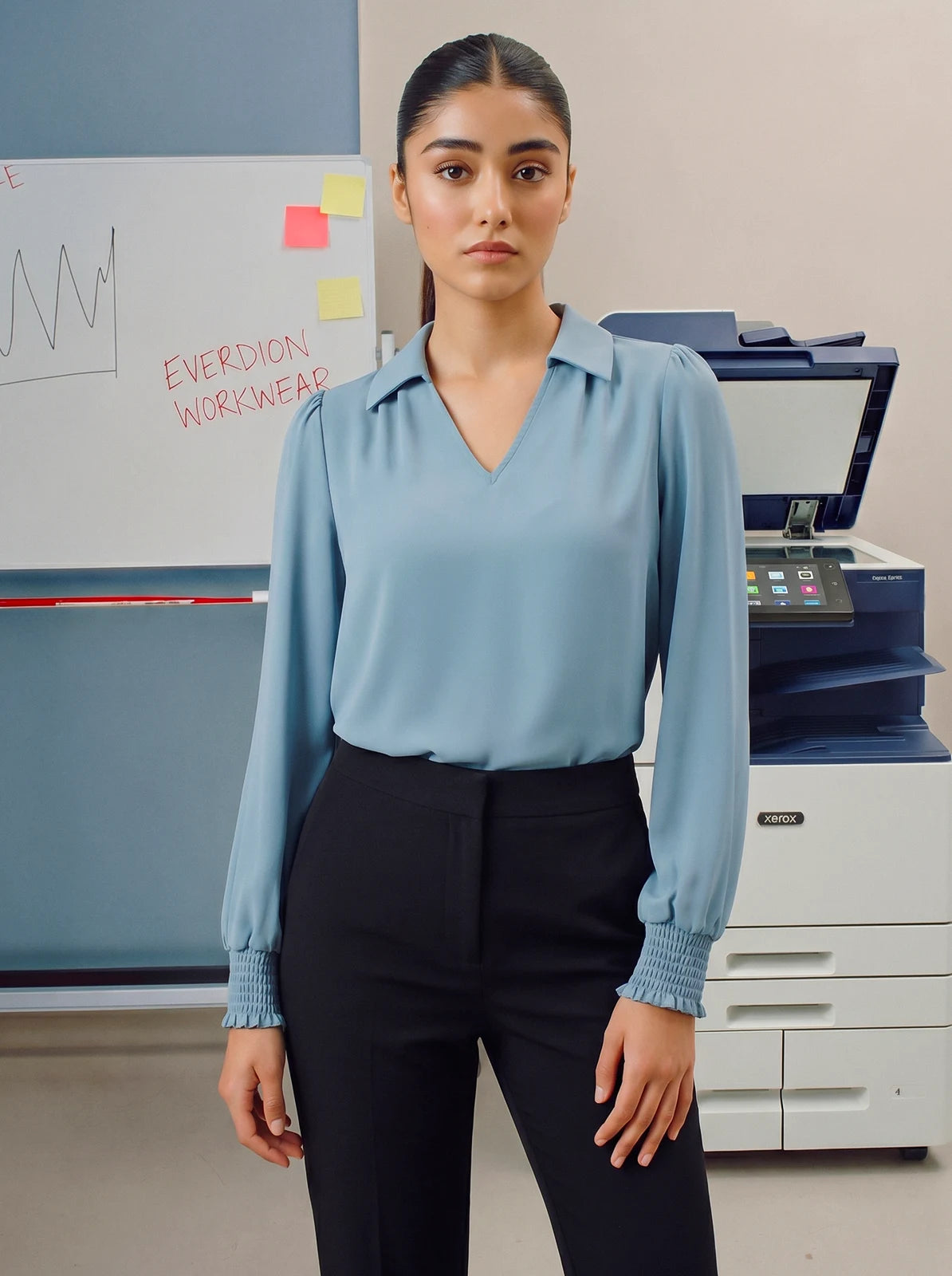 Woman in a blue shirt and black pants standing in an office setting with a printer and whiteboard in the background.