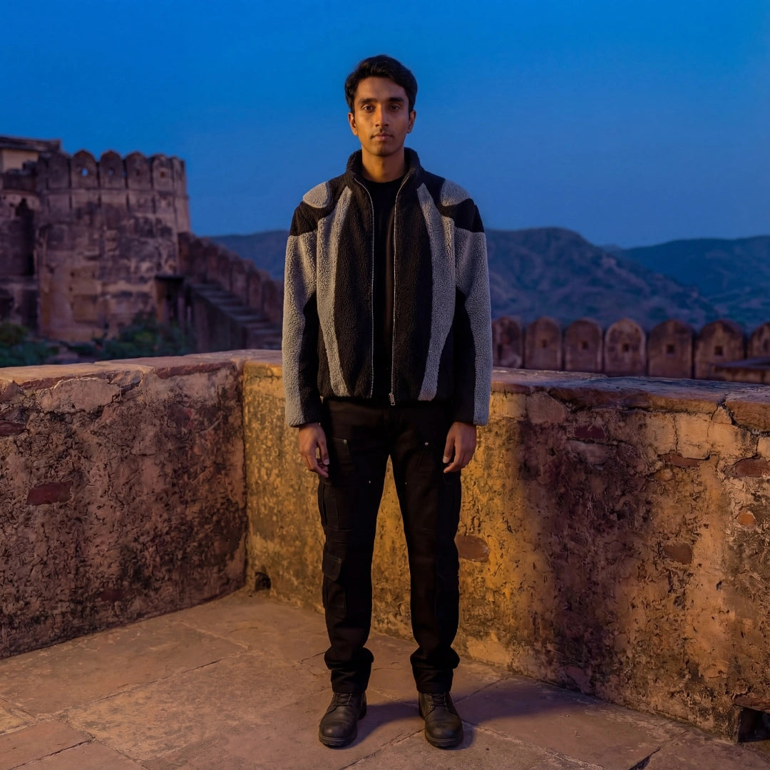 Person standing on a stone wall with a fort and mountains in the background at dusk.