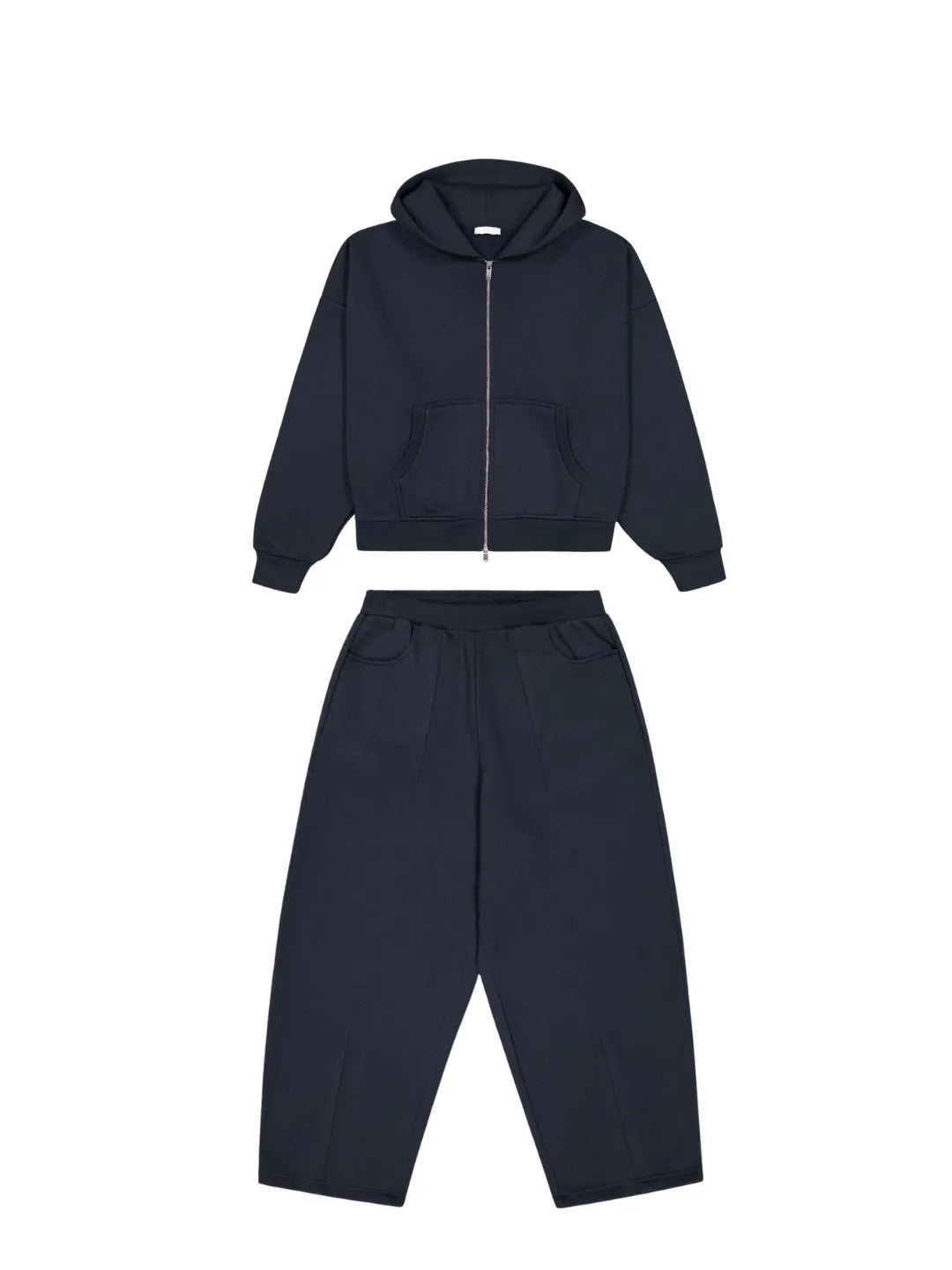 Navy zip up jacket and sweats on a white background
