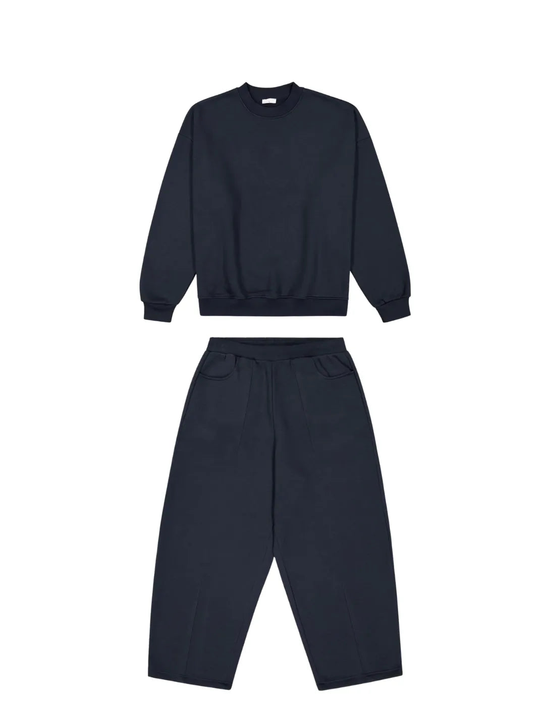 Navy blue sweatshirt and sweatpants set on a white background