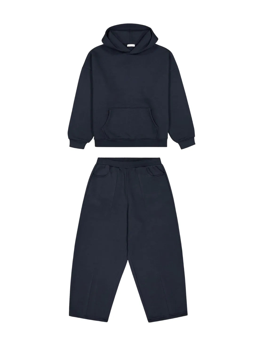 Navy blue hoodie and sweatpants set on a white background