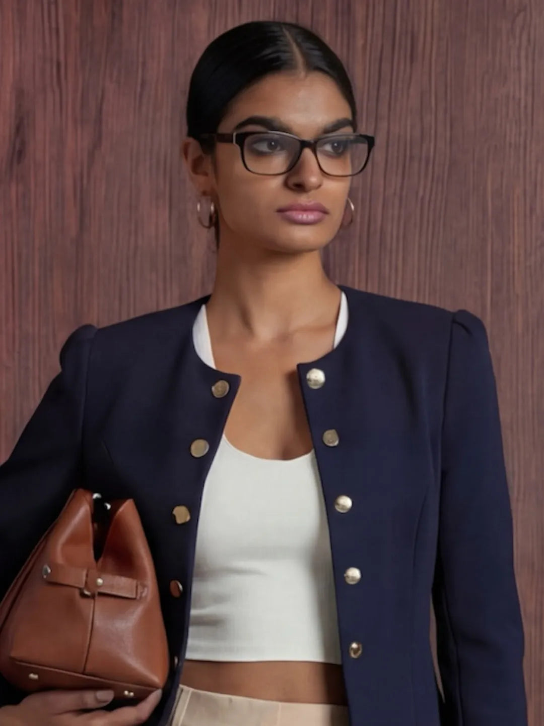 Woman wearing a navy blazer with gold buttons, white top, and beige skirt, holding a brown handbag against a wooden background.