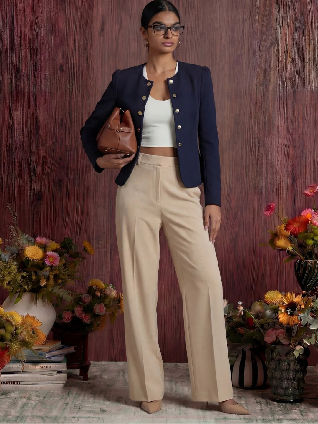 Woman in a navy blazer and beige pants standing in front of a wooden wall with floral arrangements.