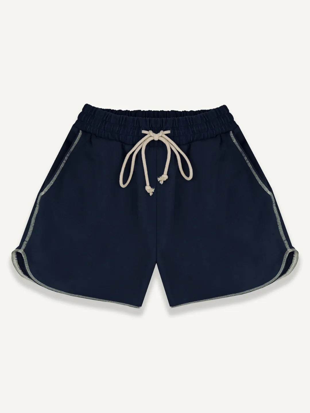 Navy running shorts with a drawstring on a light grey background