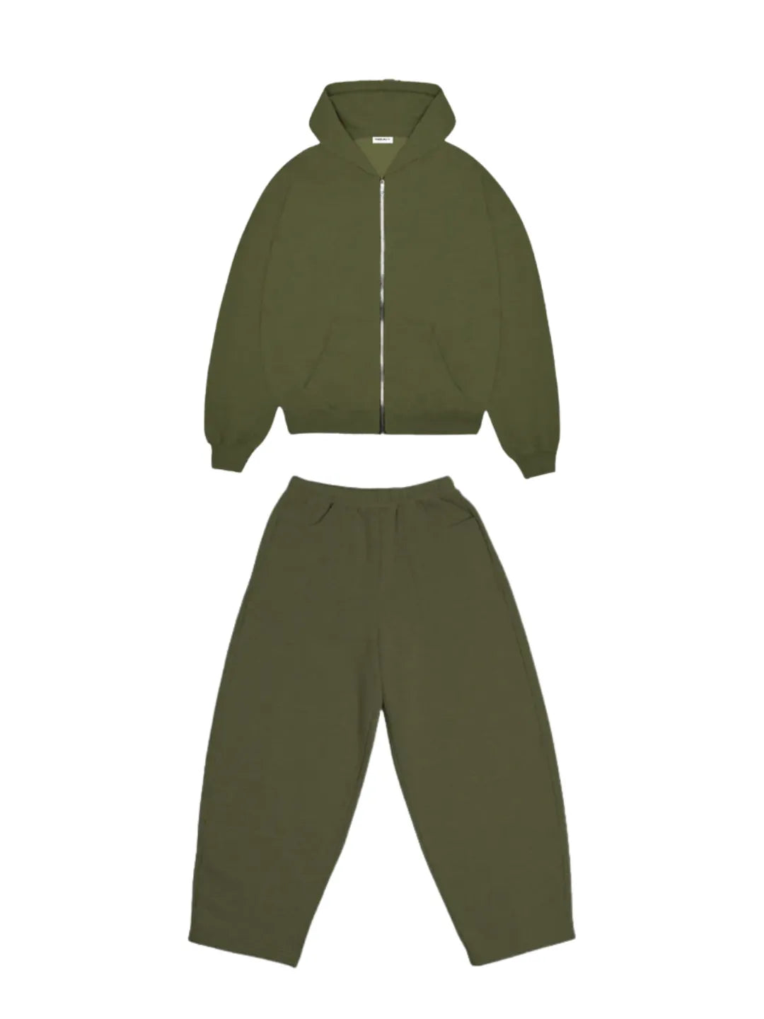 Green zip up jacket and sweats on a white background