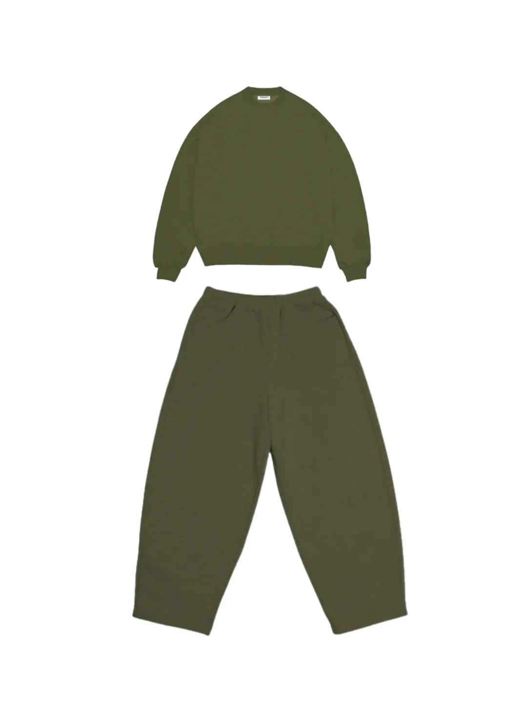 Olive sweatshirt and sweatpants set on a white background