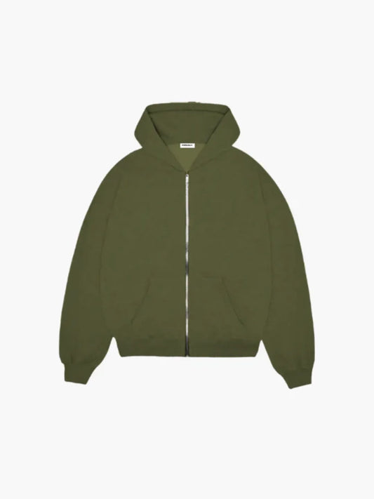 Olive zip-up jacket on a white background