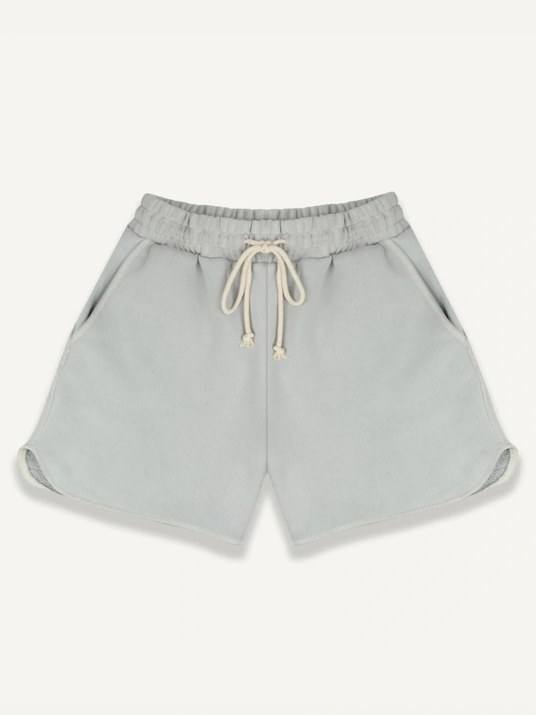 Light grey shorts with a drawstring on a white background