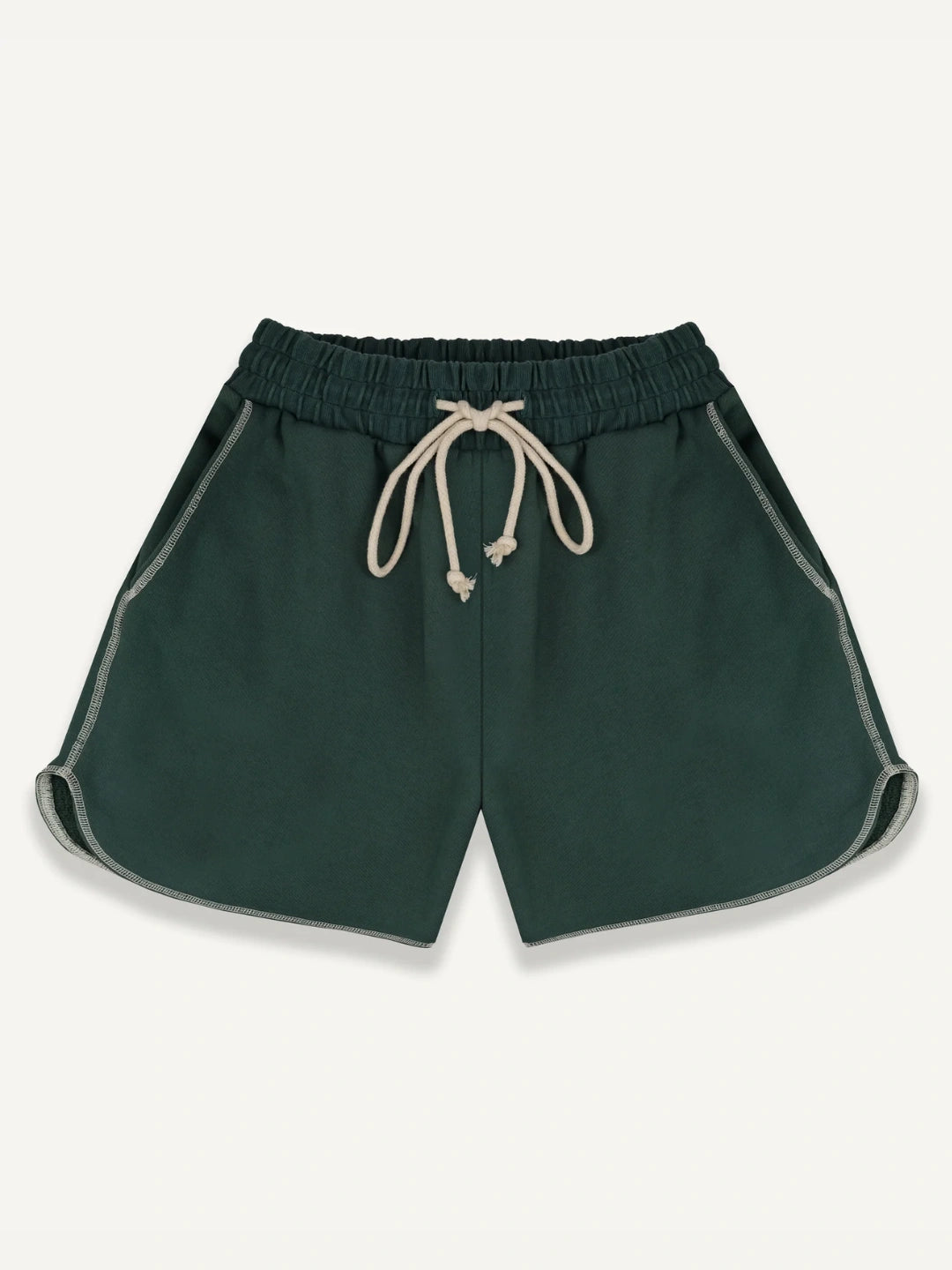 Green shorts with a drawstring on a white background