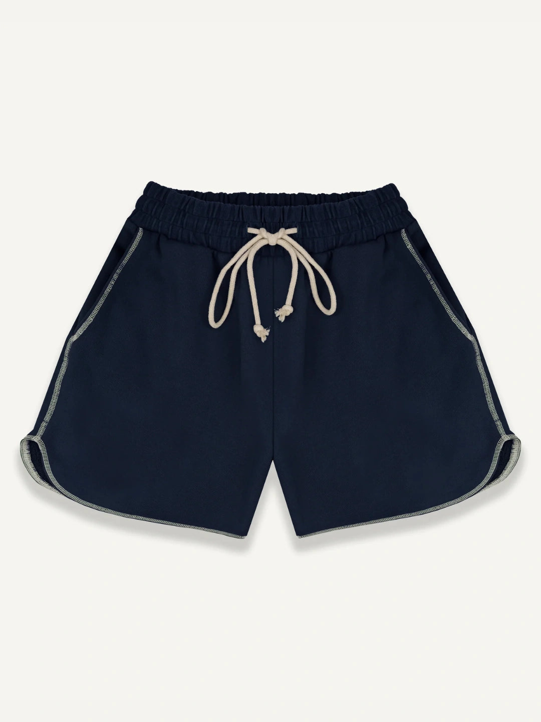 Navy shorts with a drawstring on a light grey background