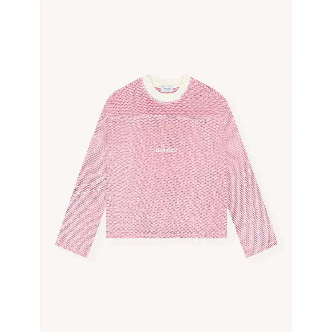 Pink textured sweater with a brand logo on a white background