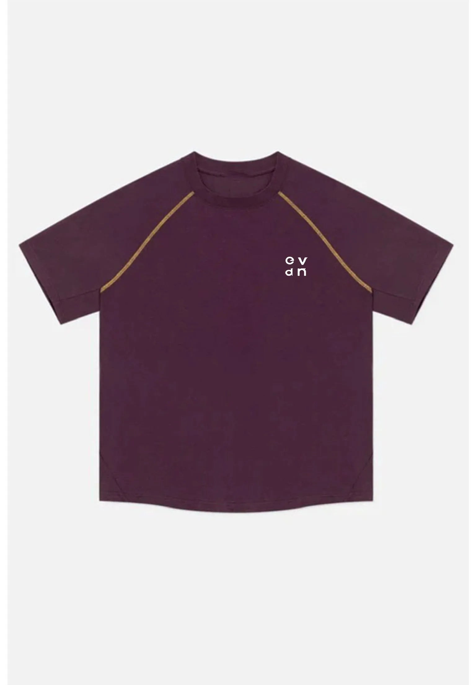 Maroon t-shirt with gold accents on a white background