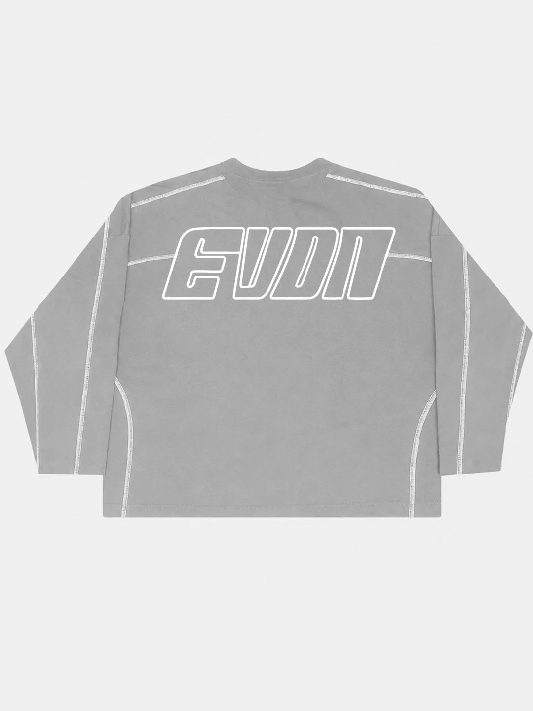 Grey long-sleeve t-shirt with white accents and EVDN branding