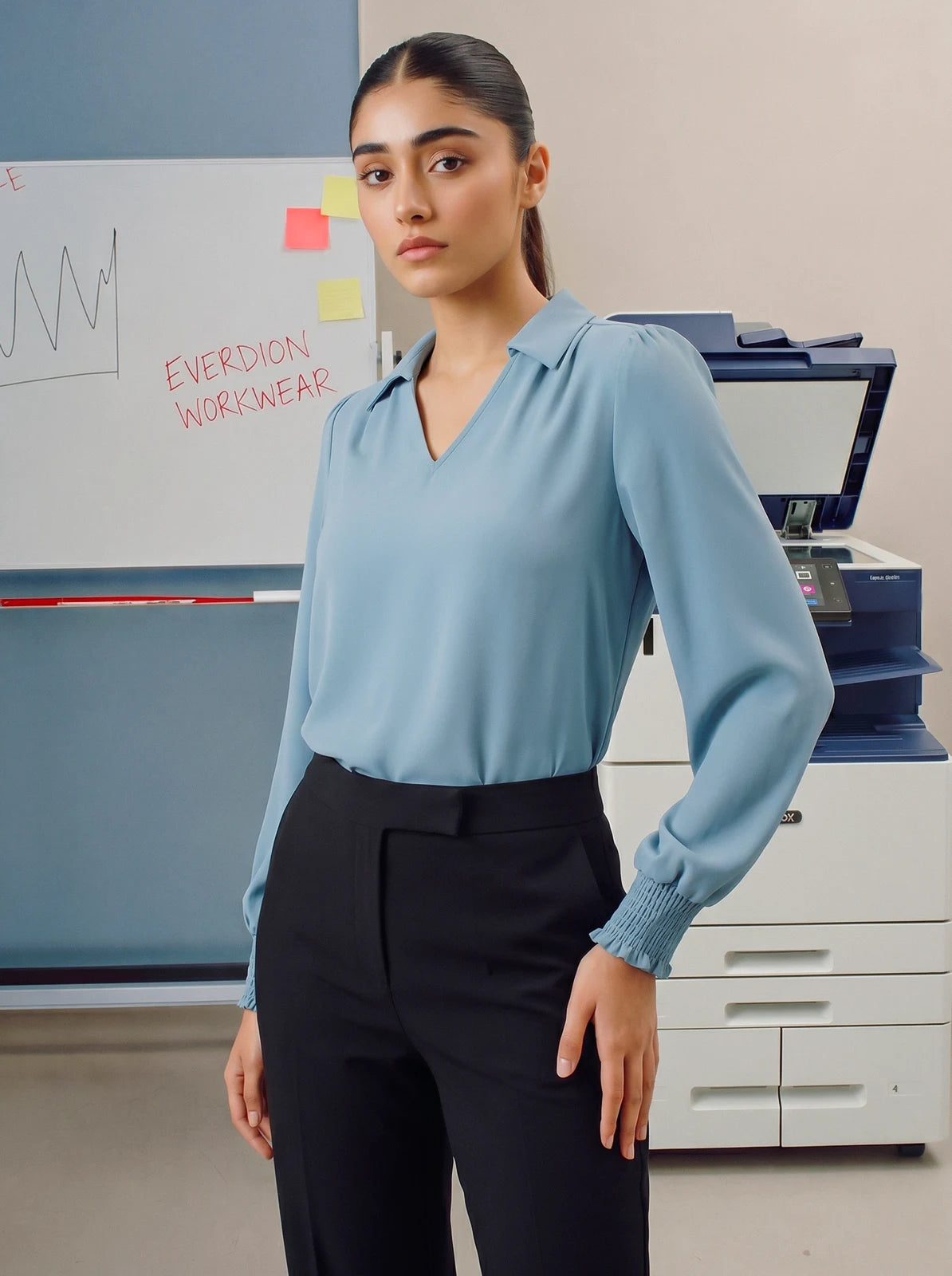 Woman in a blue blouse and black pants standing in an office setting.
