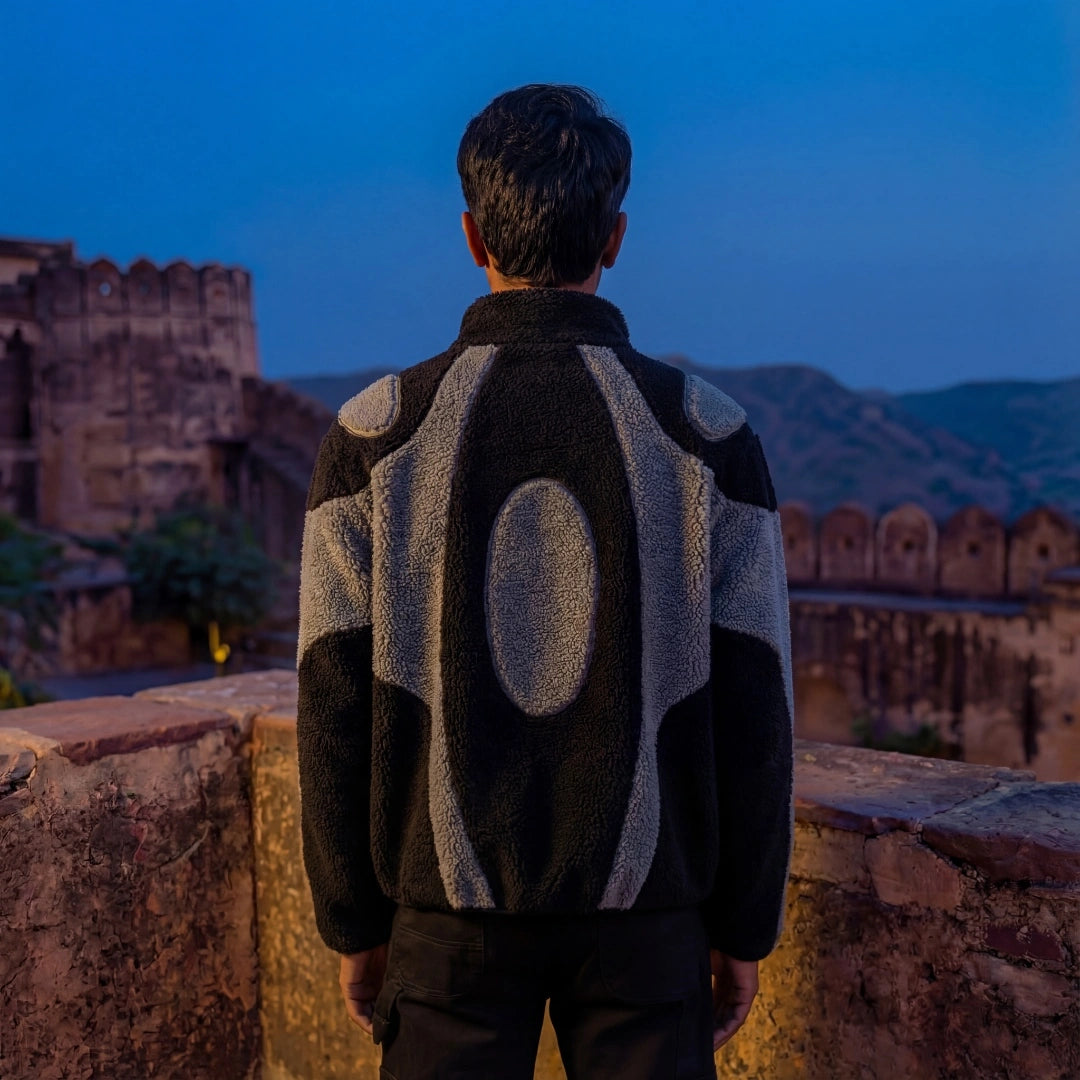 Person wearing a patterned jacket standing on a fort wall with a scenic view of mountains and buildings.