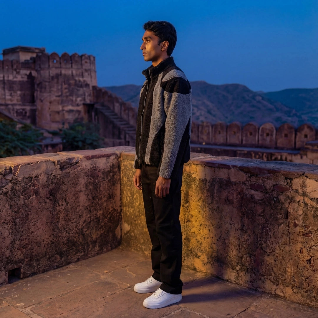 Person standing on a stone wall with a fort and mountains in the background at dusk.