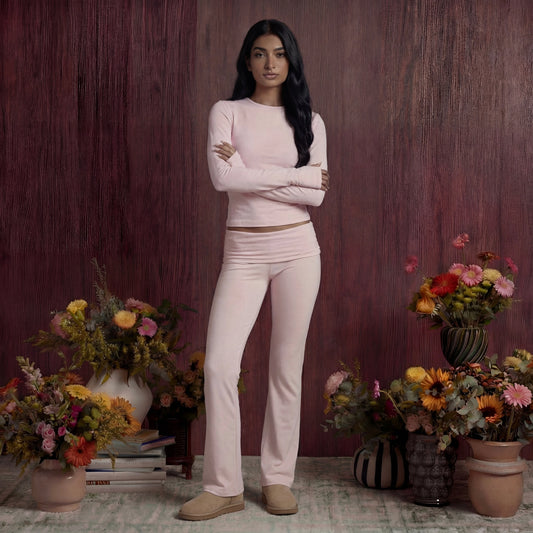 Woman wearing cotton fold over pants and top