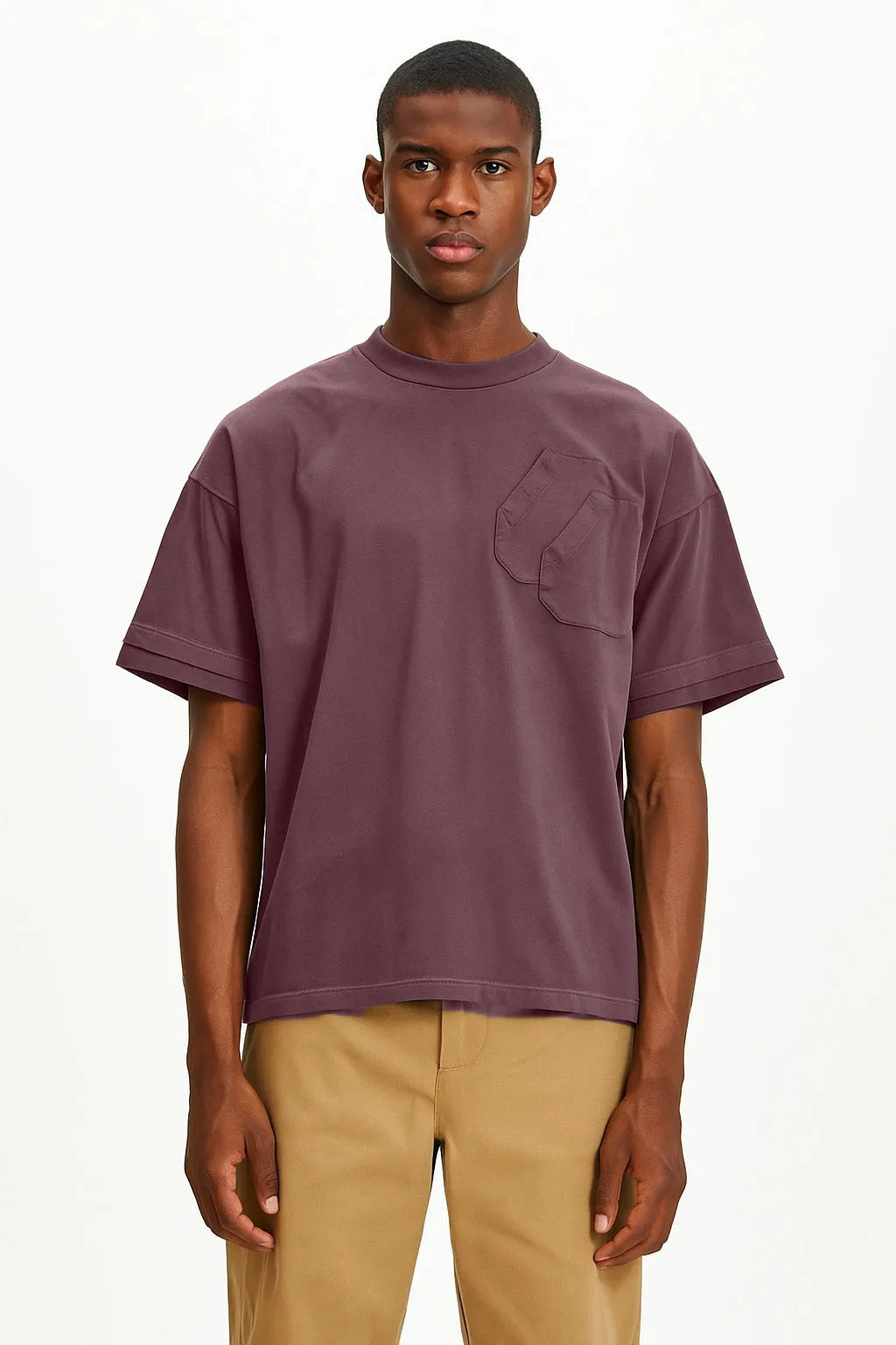 Person wearing Purple t-shirt on white background
