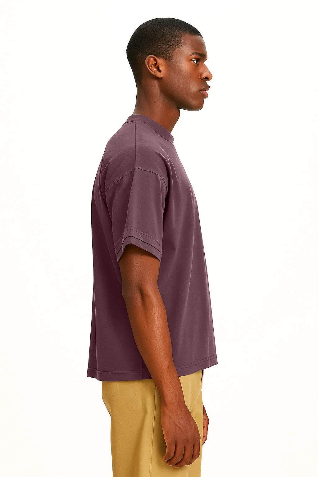 Person wearing Purple t-shirt on white background